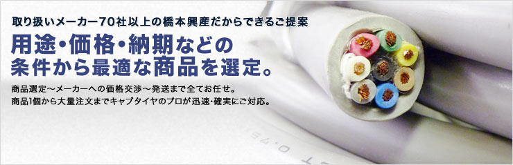 取り扱いメーカー70社以上の橋本興産だからできるご提案。
			用途・価格・納期などの条件から最適な商品を選定。商品選定からメーカーへの価格交渉、発送まで全てお任せ。商品１個から大量注文までキャブタイヤのプロが迅速・確実にご対応。